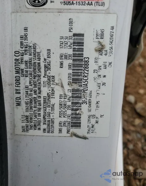 2012 Ford Fusion Sel from USA, damaged, VIN 3FAHP0JA5CR228883